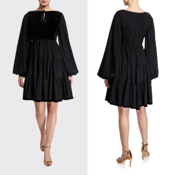 Chiara Boni Tie-Neck Puff-Sleeve Full Skirt Peasant Dress 17330 - Picture 1 of 9